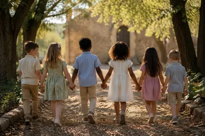 Diverse Children Walking Together in Church Yard