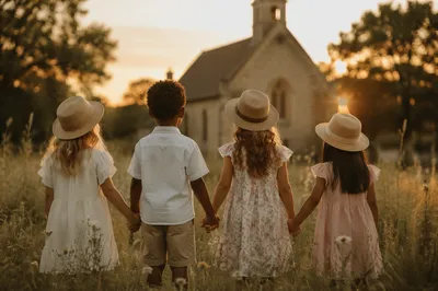 Diverse Children Holding Hands at Sunset