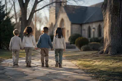 Diverse Children Walking in Church Yard