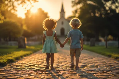 Diverse Children Holding Hands at Sunset