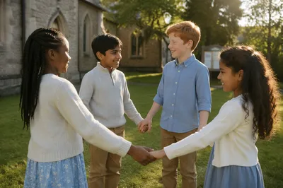 Diverse Children Holding Hands in Church Yard