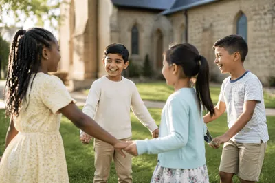Diverse Children Holding Hands on Grass