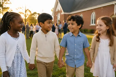 Diverse Children Holding Hands in Church Yard