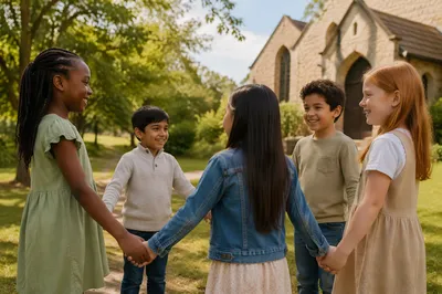 Diverse Children Holding Hands in Church Yard