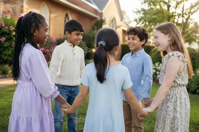 Diverse Children Holding Hands in Church Yard
