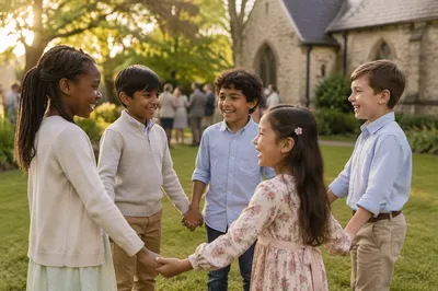 Diverse Children Holding Hands in Church Yard