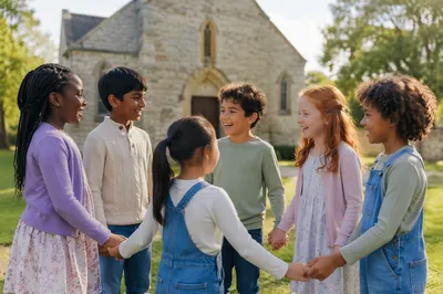 Diverse Children Holding Hands in Church Yard