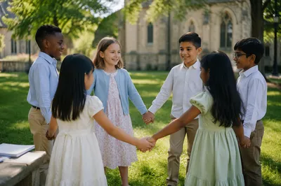 Diverse Children Holding Hands in Church Yard