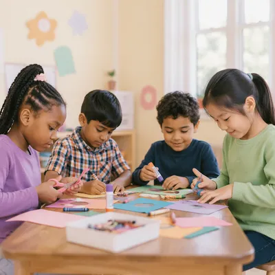Diverse Children Doing Classroom Craft Activity