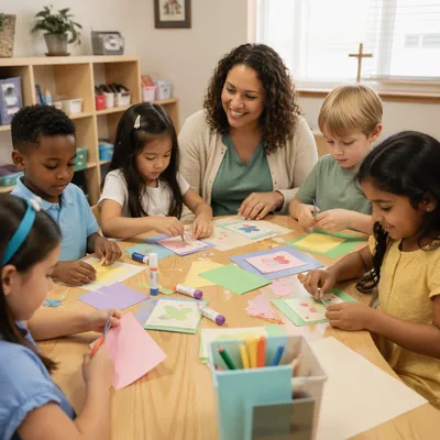 Diverse Children Doing Classroom Craft Activity