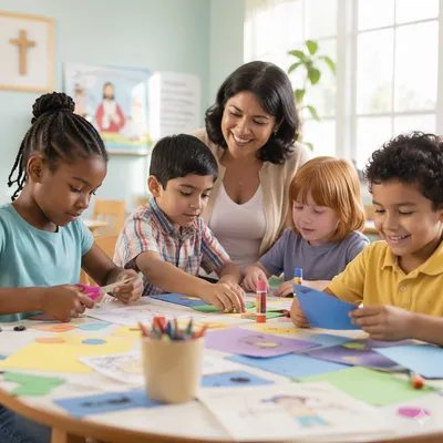 Children Doing Crafts in Bright Classroom