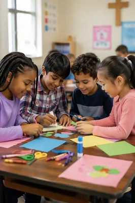 Diverse Children Doing Crafts in Classroom