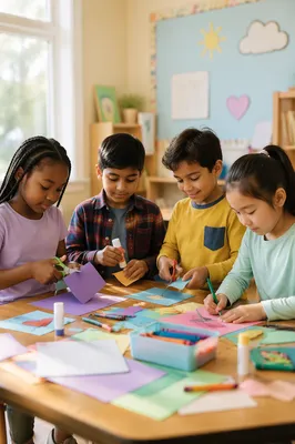 Diverse Children Doing Classroom Craft Activity