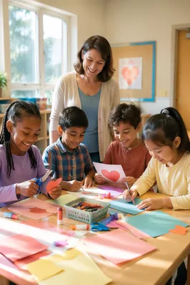 Children Making Paper Heart Crafts Together