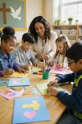 Children Doing Crafts in Bright Classroom