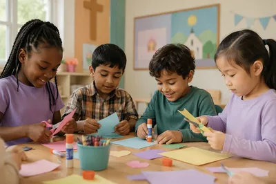 Diverse Children Doing Crafts in Classroom