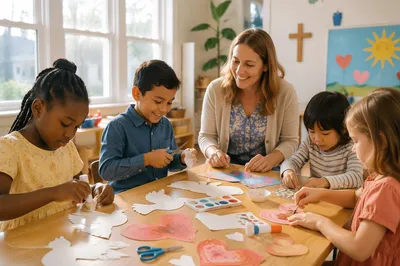 Children Making Crafts in Sunny Classroom