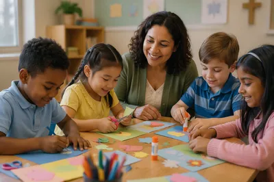 Children Doing Crafts in Bright Classroom