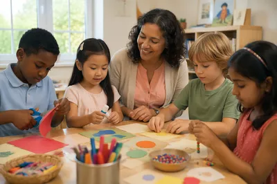 Children Doing Crafts in Bright Classroom