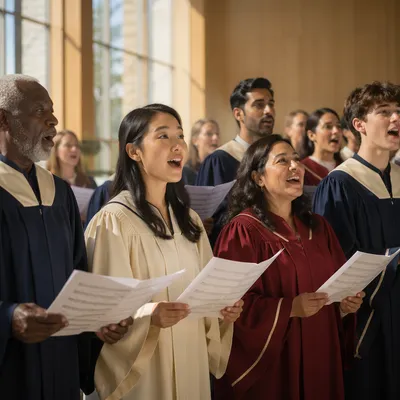Diverse Choir Singing in Bright Hall