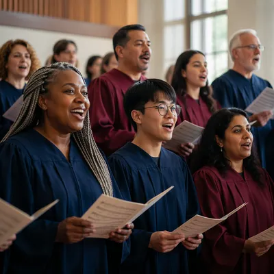 Diverse Choir Singing in Bright Rehearsal Hall
