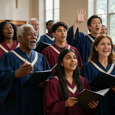 Diverse Choir Singing in Bright Rehearsal Hall