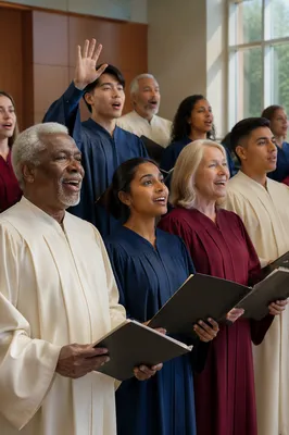 Diverse Choir Singing in Bright Rehearsal Hall