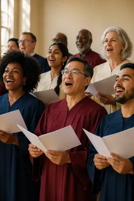Diverse Choir Singing in Bright Hall