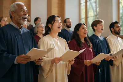 Diverse Choir Singing in Bright Hall