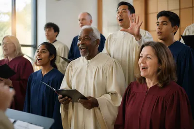 Diverse Choir Singing in Bright Rehearsal Hall