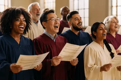 Diverse Adult Choir Singing in Rehearsal Hall