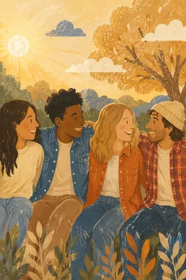 Diverse Friends Laughing Together in Autumn Park