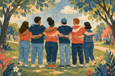 Diverse Friends Hugging in Sunny Park