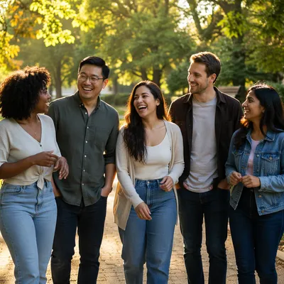 Diverse Friends Smiling in Golden Hour Park