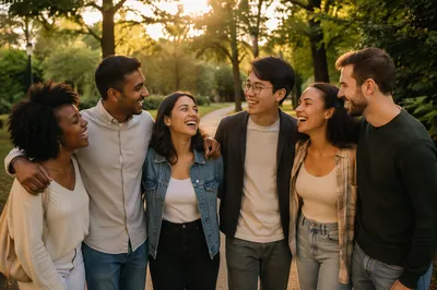 Six Friends Laughing in City Park