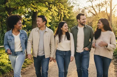Diverse Friends Walking in Sunny Park