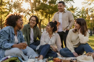 Diverse Friends Relaxing in Sunny City Park