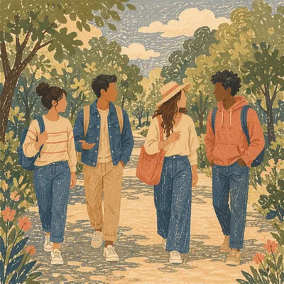 Joyful Diverse Friends Walking in Sunny Park