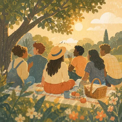Joyful Friends Gathering in Golden Hour Park