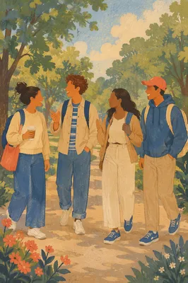 Diverse Friends Laughing on Sunny Park Walk