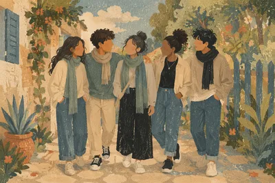 Diverse Friends Laughing on Garden Path