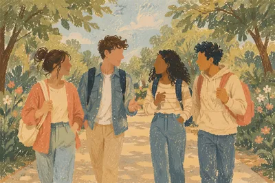 Diverse Friends Laughing on Sunny Park Walk