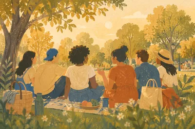 Joyful Friends Gathering in Golden Hour Park