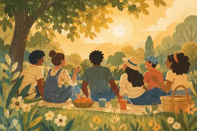 Joyful Friends Gathering in Golden Hour Park