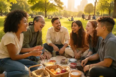 Six Friends Laughing at Park Picnic