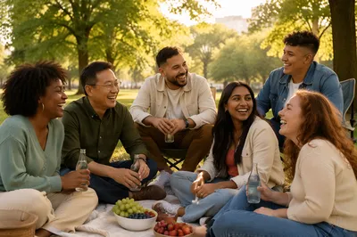 Diverse Friends Laughing at Park Picnic