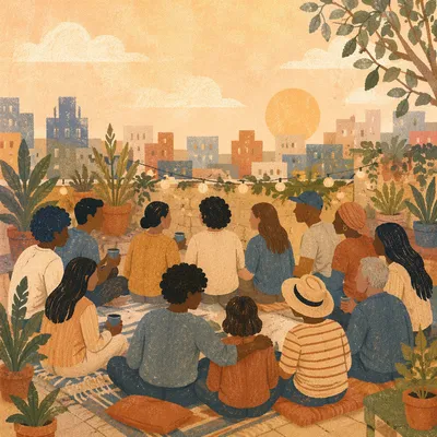 Multicultural Community Gathering on Rooftop Garden