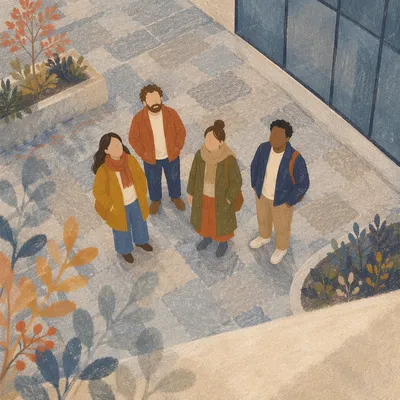 Multicultural Friends Looking Up in Courtyard