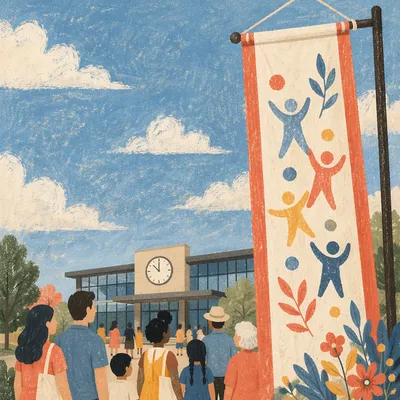 Multicultural Togetherness Outside Civic Building Banner