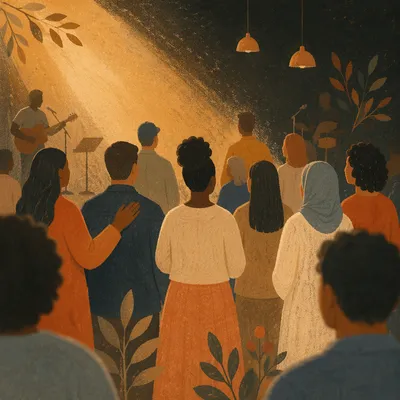 Diverse Group in Dim Worship Hall
